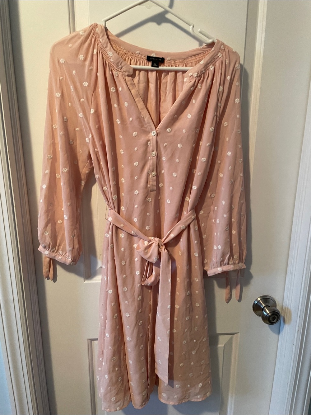 Ann Taylor Blush Pink Long-Sleeve Embroidered Tie-Waist Dress